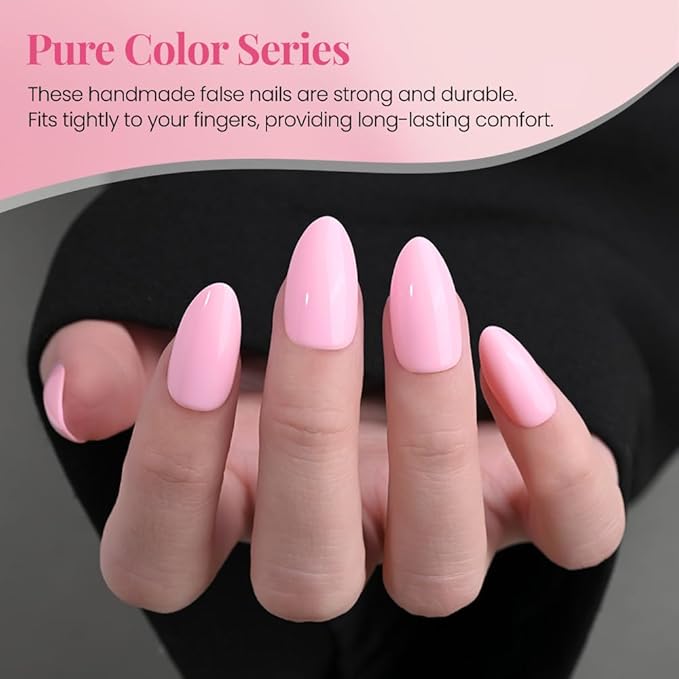 evpct Glossy Press on Nails Short Almond Short for Women, Baby Warm Pink Fake Nail with Kits Salon Quality Reusable Stick on Nails In 15 Sizes 30Pcs Full Cover False Nail Soft Gel Set Kit for Gift, 30