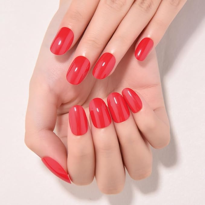 evpct Flare Red Medium Oval Glossy Press on Nails for Women Gift, Glossy Flare Red Fake Nail with Nail Kit Manicure Kit, Soft Gel Full Cover Reusable Stick on Acrylic False Nails Perfectly Fit