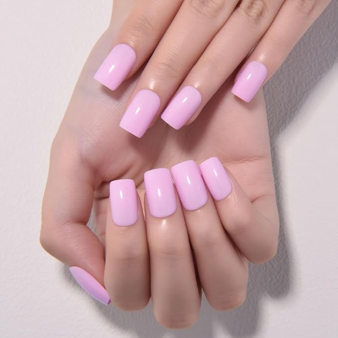 evpct Orchid Pink Short Square Glossy Press on Nails for Women Gift, Glossy Orchid Pink Fake Nail with Kits Manicure Kit, Soft Gel Full Cover Reusable Stick on Acrylic False Nails Perfectly Fit