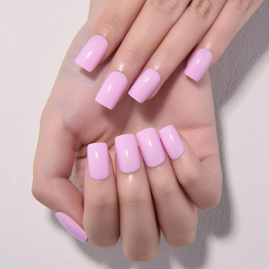 evpct Orchid Pink Short Square Glossy Press on Nails for Women Gift, Glossy Orchid Pink Fake Nail with Kits Manicure Kit, Soft Gel Full Cover Reusable Stick on Acrylic False Nails Perfectly Fit