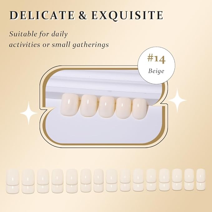 evpct Acrylic Beige Glossy Press on Nails Short Square, Glossy Beige Fake Nails Reusable False Nail Stick on Press ons for Women Gifts, Perfectly Fit Durable False Nail Kit with Gel Gel 30Pcs