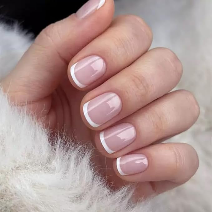 CTTHNBD Press on Nails Short - Square Fake Nails - White French Tip False Nails Press ons - for Women 24 Pcs