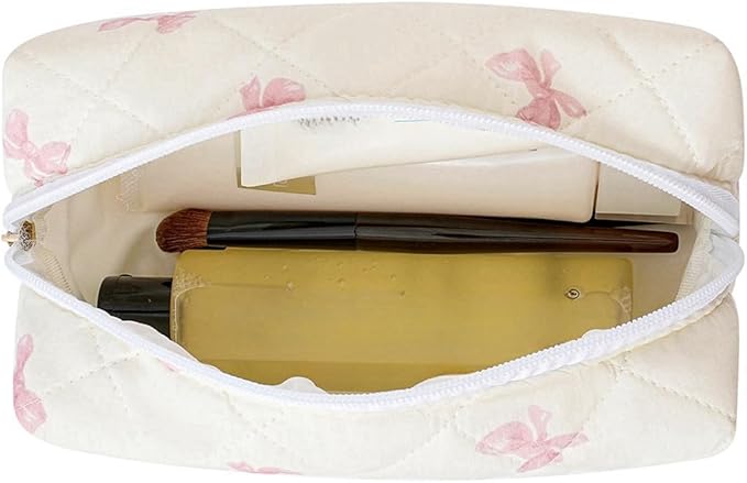 Cute Floral Makeup Bag Small Cotton Quilted Cosmetic Bag, Aesthetic Essential Bag Emergency Bag Gift for Women Girls Travel Accessories (Pink Small Bowknot)
