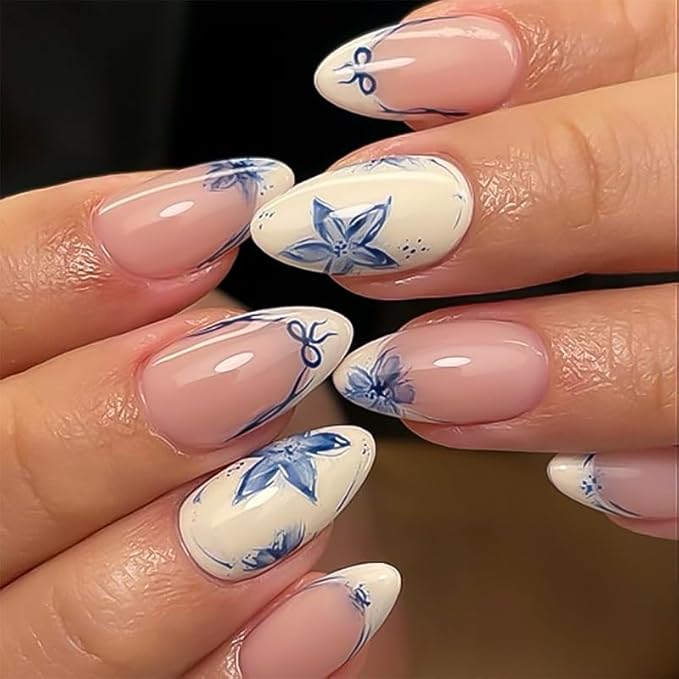 XZMeiLun Blue French Tips Press On Nails Short Almond, Flower Sticke On Nails, Floral Designer Reusable Acrylic Nails Press Ons, Fake Nails With Glue On Nails, Daily Wea False Nails For Women Girls