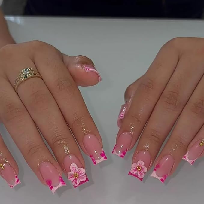 Medium Square Press on Nails - French Tip Fake Nails with 3D Flower Design - Pink False Nails Press ons - for Women 24 Pcs