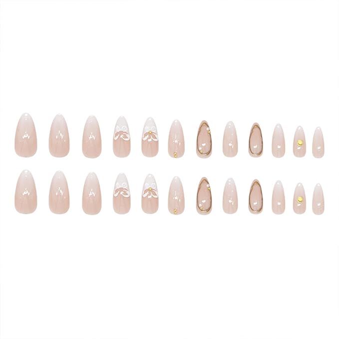 JONKASIPA White Flower Embossed Nail Stickers - Medium Almond Shape Fake Nails Glossy Glue Nail Stickers 3D Gold Line Acrylic Nails French Fingertip Adhesive Fake Nails, DIY Set 24 Pcs