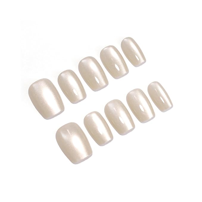 SHELWIN French Press On Nails Ready-To-Wear DIY Manicure Stick On Cat Eye Nails kit for Women 24 Pcs Short Medium Coffin Almond Shaped False Nails Gifts（Moonlight White）