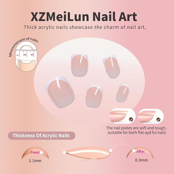 XZMeiLun White French Tip Press On Nails, Extra Short Square Designer, Reusable Acrylic Fake Nails with Glue, Glossy Soft Gel Nails for Wedding and Party, Stick On Glue On Nails for Women - Gift