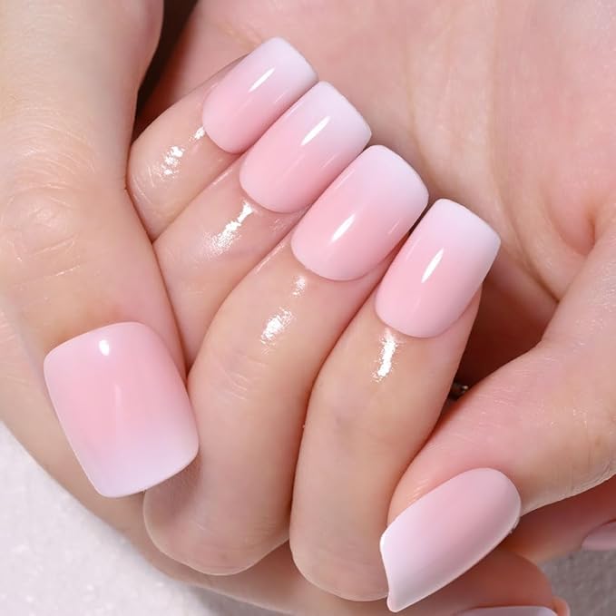 XZMeiLun Pink White Ombre French Tip Press on Nails, Short Square Acrylic Fake Nails Design, Natural Reusable Nails Kit for Women DIY False Nail Art Decoration Gift, Salon Quality Reusable 15/30 Psc