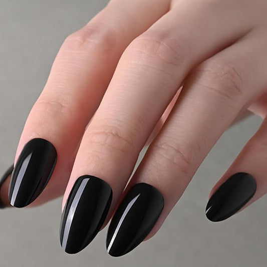 evpct Glossy Press on Nails Short Almond Short for Women, Black Fake Nail with Kits Salon Quality Reusable Stick on Nails In 15 Sizes 30Pcs Full Cover False Nail Soft Gel Set Kit for Gift, 29