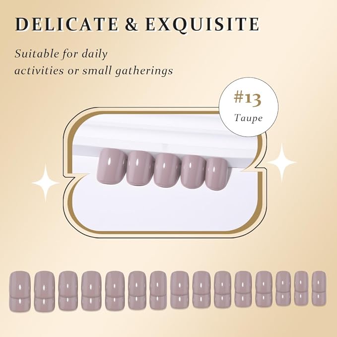 evpct Acrylic Taupe Glossy Press on Nails Short Square, Glossy Taupe Fake Nails Reusable False Nail Stick on Press ons for Women Gifts, Perfectly Fit Durable False Nail Kit with Gel Gel 30Pcs
