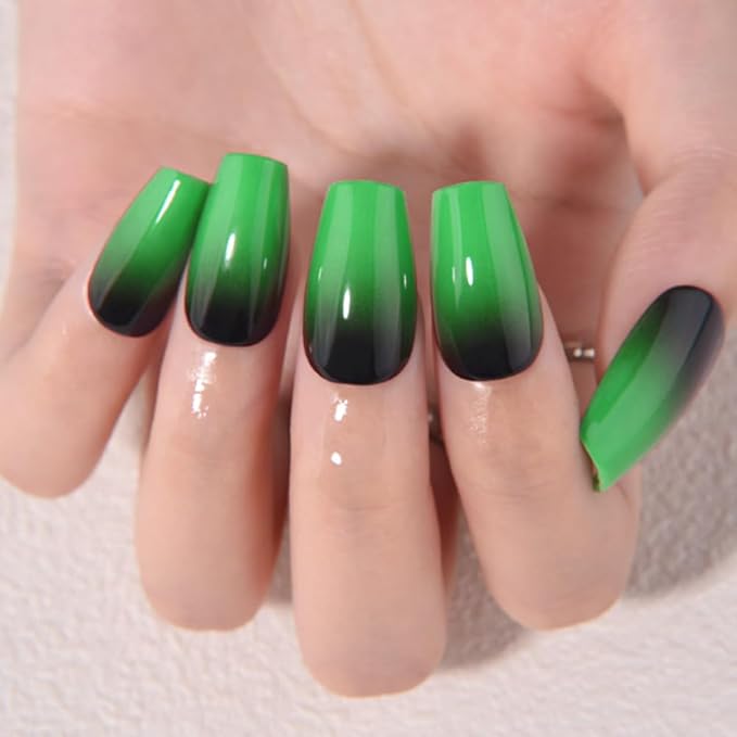 evpct Ombre Green to Black Press on Nails Short Coffin, Short Coffin Glossy Stick on Nail for Women Gift with Manicure Kit, Reusable Soft Gel Stick on Fake Nail with Glitter Designs Perfectly Fit