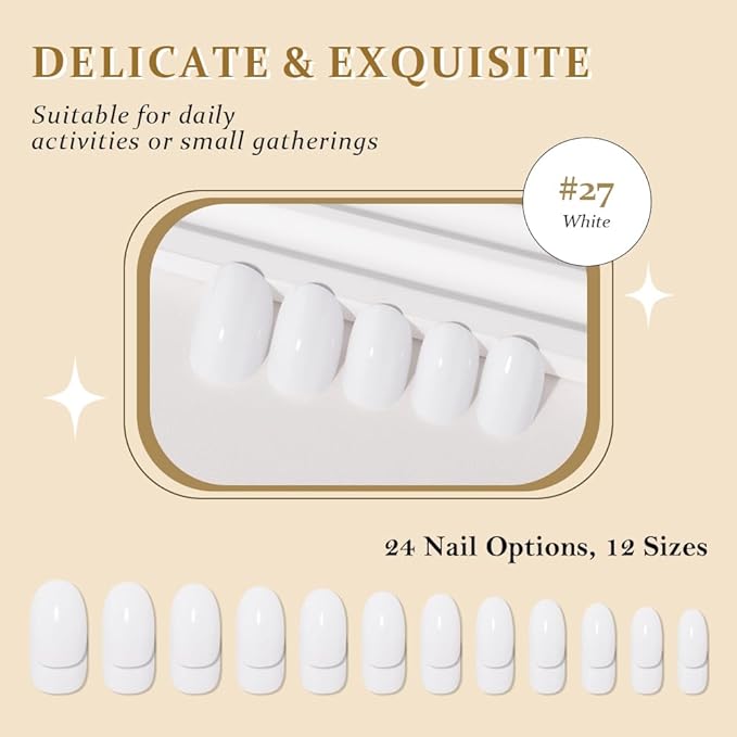 evpct White Glossy Press on Nails Oval Medium for Women Gift, Medium Oval White Fake Nail with Nail Kit Manicure Kit, Soft Gel Full Cover Reusable Stick on Soft Acrylic False Nails Perfectly Fit