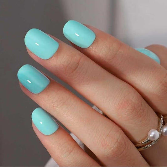 LAMIMOSA 32Pcs Press On Nails Extra Short Round, Pastel Baby Blue Fake Nails with Glue, Soft Gel Nails in 16 Sizes, Reusable Glue On Nails Kit, MINTY AQUA