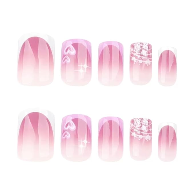 CTTHNBD Press on Nails Short Square Acrylic False Nails French Tip Heart Design Glitter Glossy Full Cover Stick on Nails 24Pcs