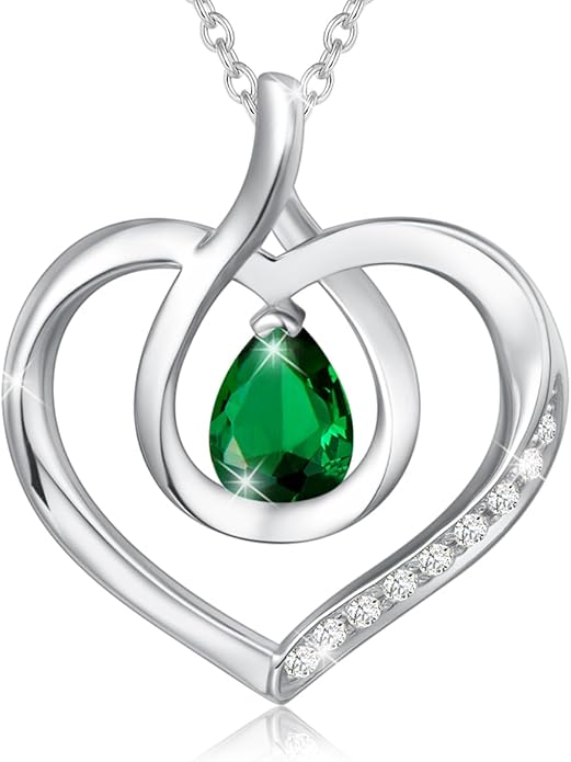 AGVANA Christmas Gifts Heart Birthstone Necklace for Women Sterling Silver Genuine or Created Gemstone Forever Love Pendant Necklace Fine Jewelry Anniversary Birthday Gifts for Women Mom Wife