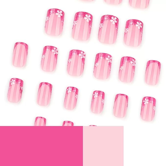 Short Press on Nails Square - Rose Red, French Tip Fake Nails with Flower Design - Glitter Glossy Full Cover Stick on False Nails - for Women 24 Pcs