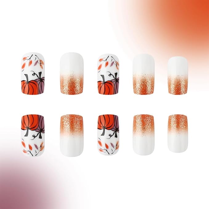 XZMeiLun Halloween Press On Nails Short Square, Orange Fall Acrylic Press On Nails, Pumpkin Designer Reusable Fake Nails, Glue On Nail Press Ons for Hallows' Day Women