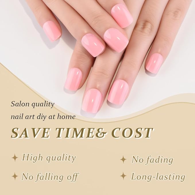 evpct Nude Pink Glossy Press on Nails Short Square, Glossy Pink Fake Nails Summer Reusable, Acrylic False Nail Stick on Press ons for Women Gifts, Durable Perfectly Fit False Nail Kit Gel 30Pcs