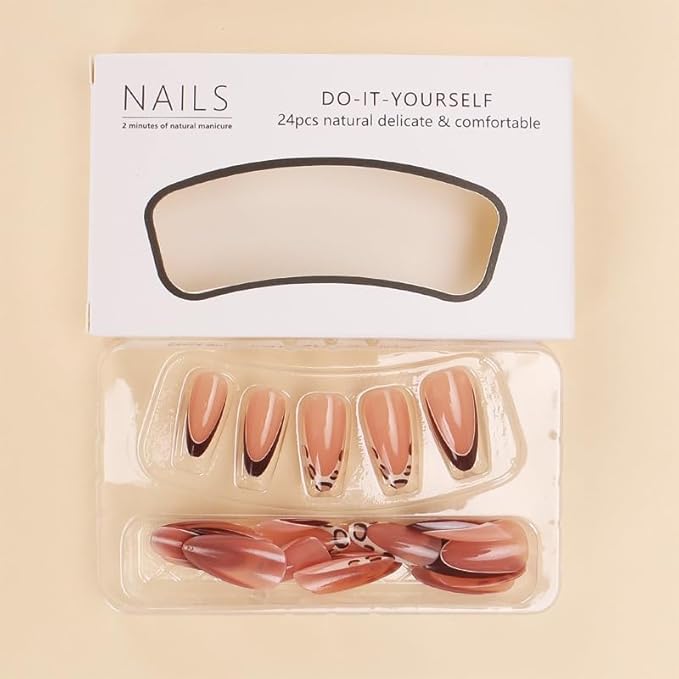 SHELWIN French Press On Nails Ready-To-Wear DIY Manicure Stick On Nails kit for Women 24 Pcs Short Medium Coffin Almond Shaped False Nails Gifts（Little Wildcat）