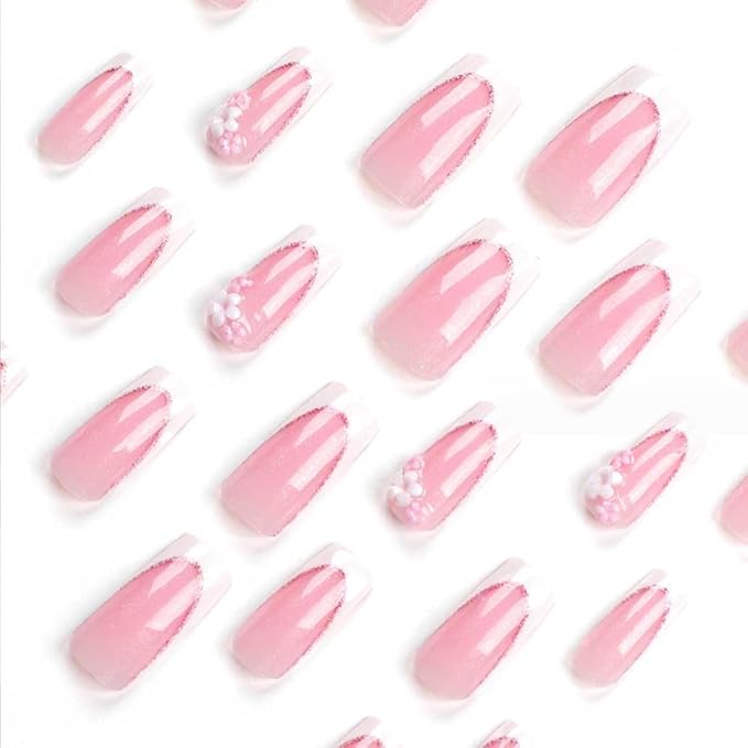 Foccna Press on Nails Long Rhinestone Pink Fake Nails Square Bling Glossy 3D Flower Artificial Nails Finger Manicure for Women and Girls-24pcs (Long Nails 5)