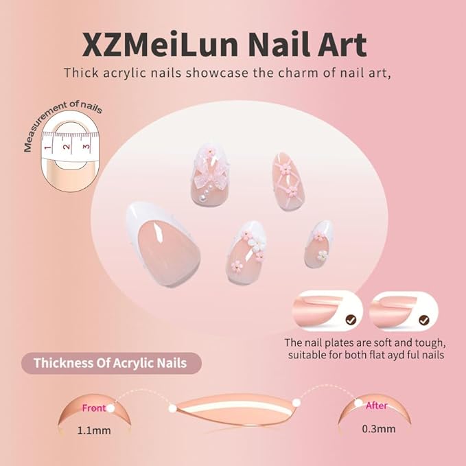 XZMeiLun Pink White French Bow Press on Nails, White Pearl Fake Nails, Almond Short Acrylic Press-Ons with Charming 3D Plaid Floral Design, Reusable Glue-On Stickers for Fall Flower Nails for Women