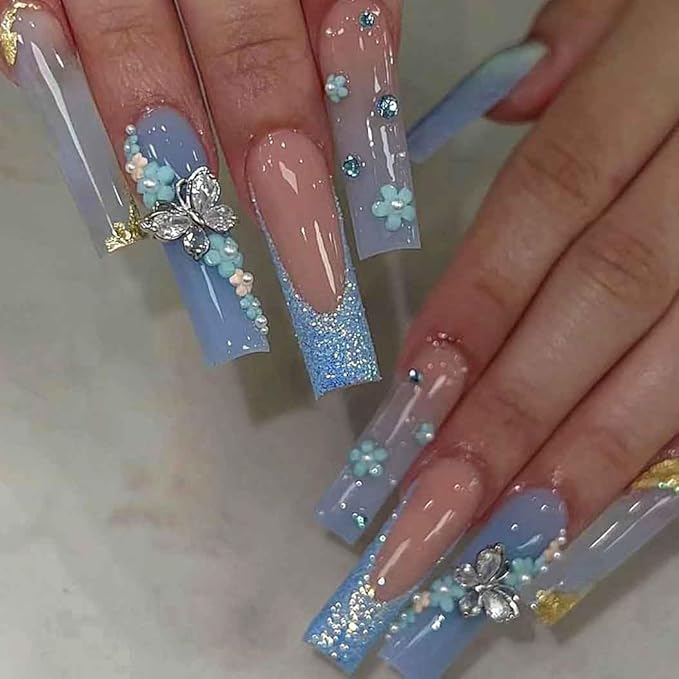 RikView Square Press on Nails Long Fake Nails with 3D Butterflies Design Blue Nails Glossy Stick on Nails Full Cover Nails for Women 24 PCS