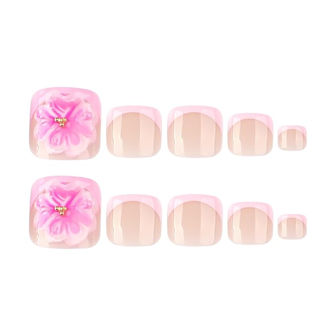 24Pcs Pink French Tip Press on Toenails Full Cover 3D Flowers Fake Toenails Short Square Summer French False Toenail Cute Toe Nails Press ons Glossy Toenails for Pedicure Decorations