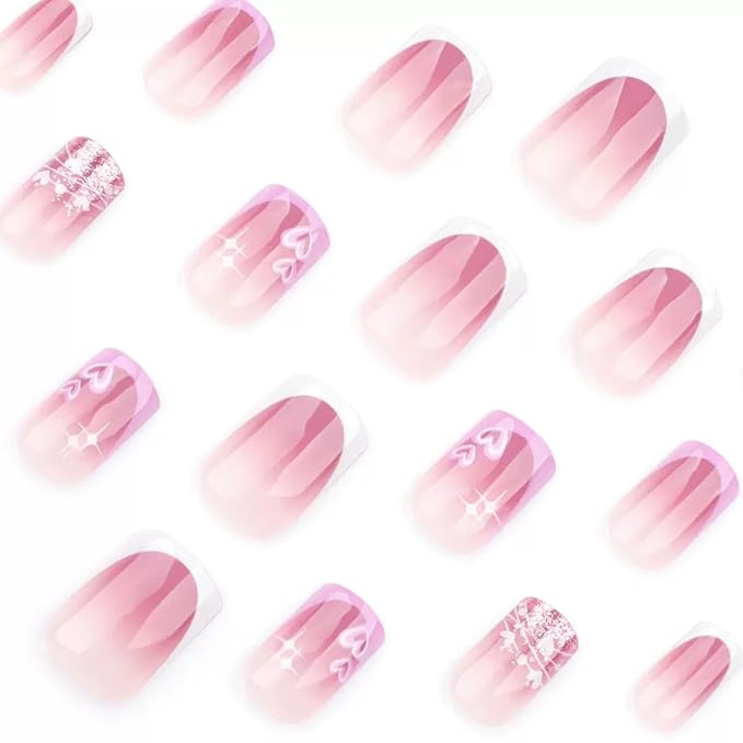 CTTHNBD Press on Nails Short Square Acrylic False Nails French Tip Heart Design Glitter Glossy Full Cover Stick on Nails 24Pcs