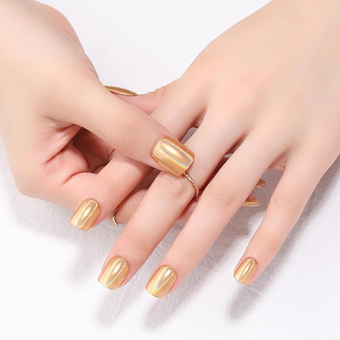 XZMeiLun 24Pcs Gold Holographic Acrylic Press on Nails Short Square - Reusable Fake Nails with Nail Glue Kit, Long Lasting Chameleon Static Nails for Women Daily Wear & Parties (Glossy Laser Design)