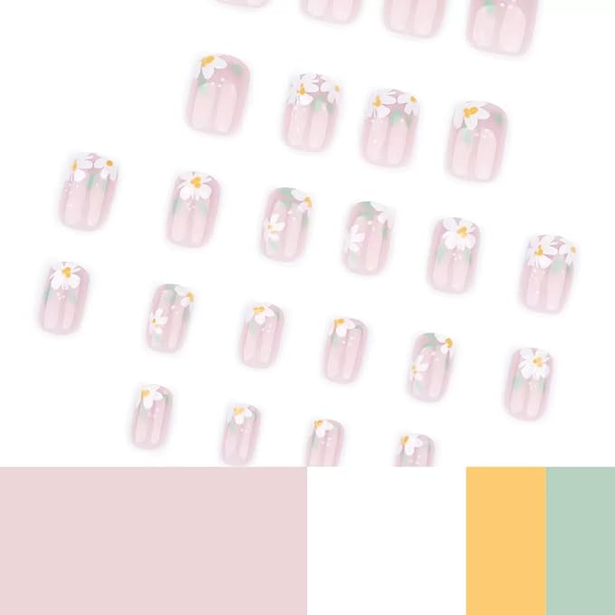 Short Press on Nails Square - Cute Fake Nails with Flower Leaf Design - Spring Full Cover Stick on False Nails for Women - 24 Pcs