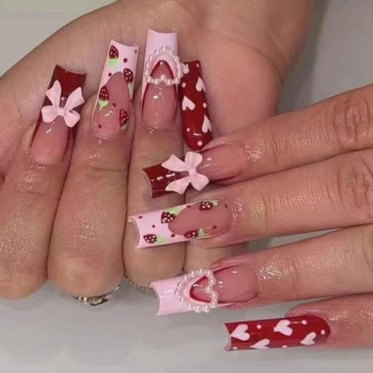 Foccna Press on Nails Long Rhinestone Pink Fake Nails Square Bling Glossy Artificial Nails Finger Manicure for Women and Girls-24pcs (Long Nails 3)