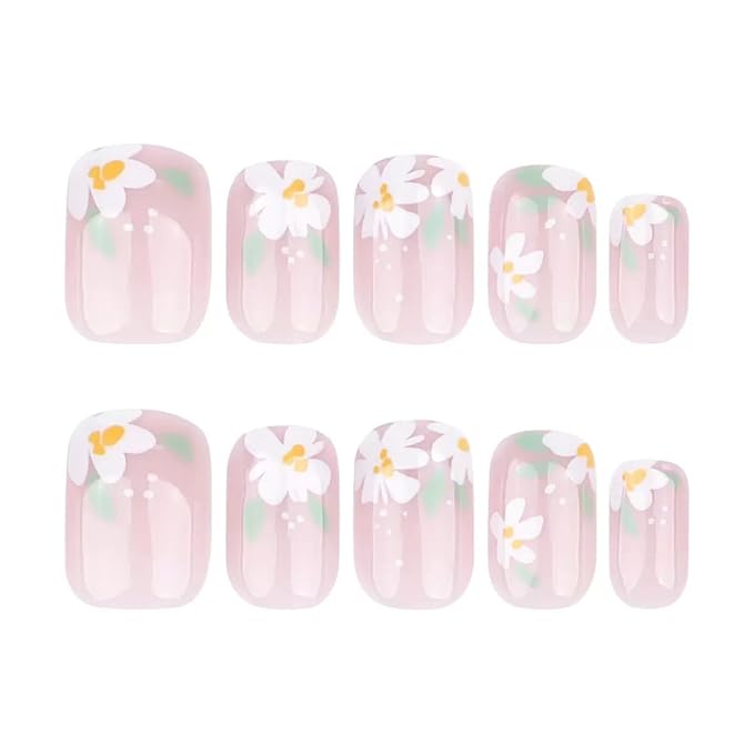 Short Press on Nails Square - Cute Fake Nails with Flower Leaf Design - Spring Full Cover Stick on False Nails for Women - 24 Pcs