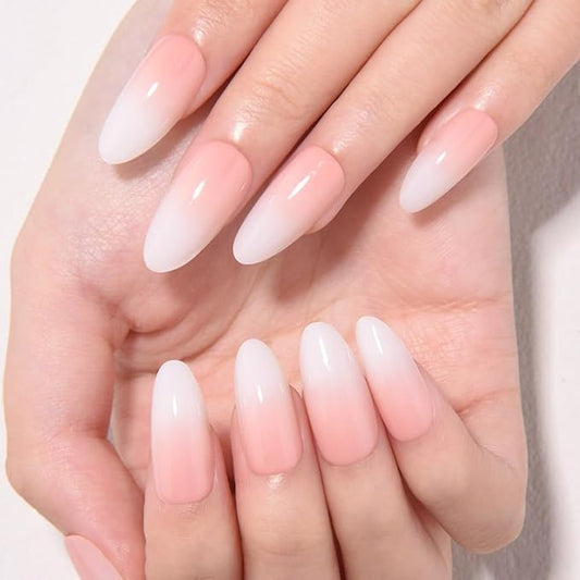 Ombre Pink to White Press on Nails Medium Almond, Medium Almond Glossy Stick on Nails Press on for Women with Manicure Kit, Reusable Acrylic Soft Gel Stick on Fake Nail with Ombre Design Perfectly Fit