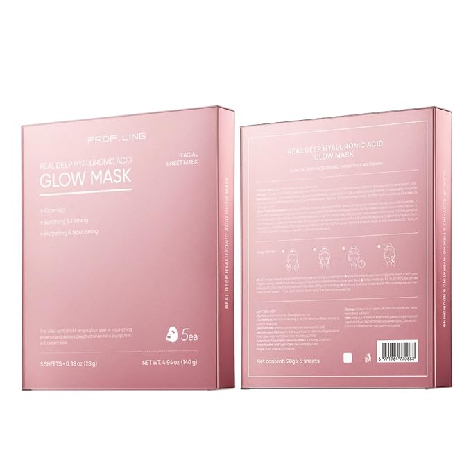 PROF.LING REAL DEEP HYALURONIC ACID GLOW MASK - Hydrating & Brightening Face Mask for Dry/Combination Dry Skin, Reduces Dullness & Fatigue, Camellia Fabric, 24H Moisturization