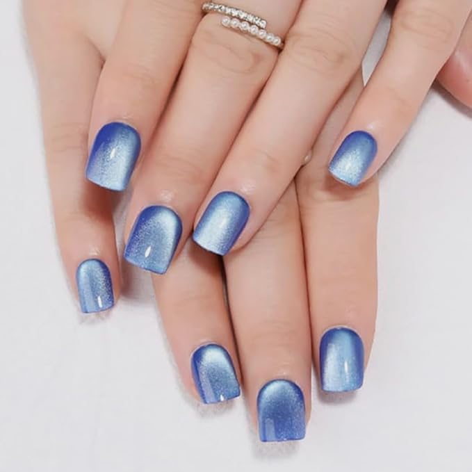 evpct Blue Cat Eye Extra Short Press on Nails Square, Petite Short Square Stick on Nails for Women Gift, Light Sky Blue Metallic Glitter Glossy Reusable Gel Press on Acrylic Fake Nail with Designs