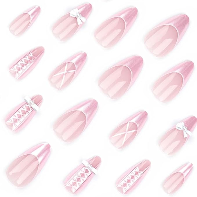 Foccna Press on Nails Medium Long Pearl Pink Fake Nails Almond Glossy 3D False Nail Tips Artificial Nails French Finger Manicure for Women and Girls-24pcs