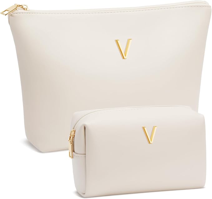 Valentine's Day Gifts for Women Girlfriend Initial Makeup Bag for Teen Girls Personalized Gifts for Friend Teacher Mom Wife Cosmetic Travel Toiletry Bag(Beige,V)