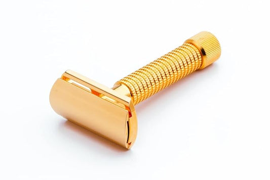 Rex Supply Co. Envoy Safety Razor 3‑Piece DE Razor | 24K Gold Plated | Marine‑Grade Stainless Steel | Handcrafted in USA | Knurled Sure‑Grip Handle | Medium Blade Gap | 5 Blades Included