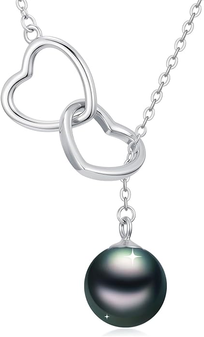 KANNSOAR Tahitian Black Pearl AAAA 18K White Gold Plated Sterling Silver Double Heart Pendant Y Necklace for Women Wife Mom Girlfriend Valentine Her Jewelry Gift for Anniversary Birthday