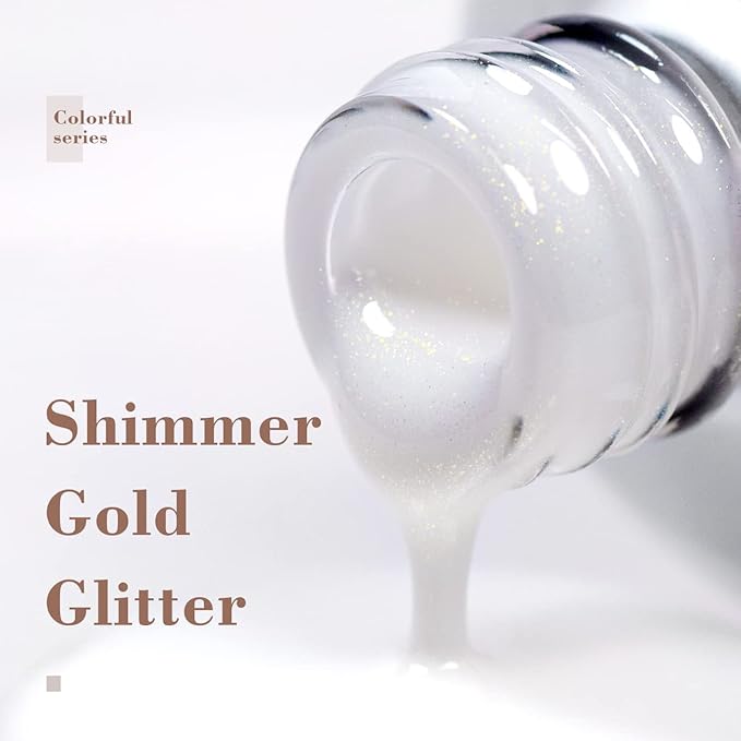 RARJSM Milky White Gel Nail Polish with Glitter Gold Shimmer Pigment Jelly Cream White Nude Gel Polish Neutral Color 15ml Sparkle Natural Color Soak off UV LED Cured for Home Salon DIY Nail Art