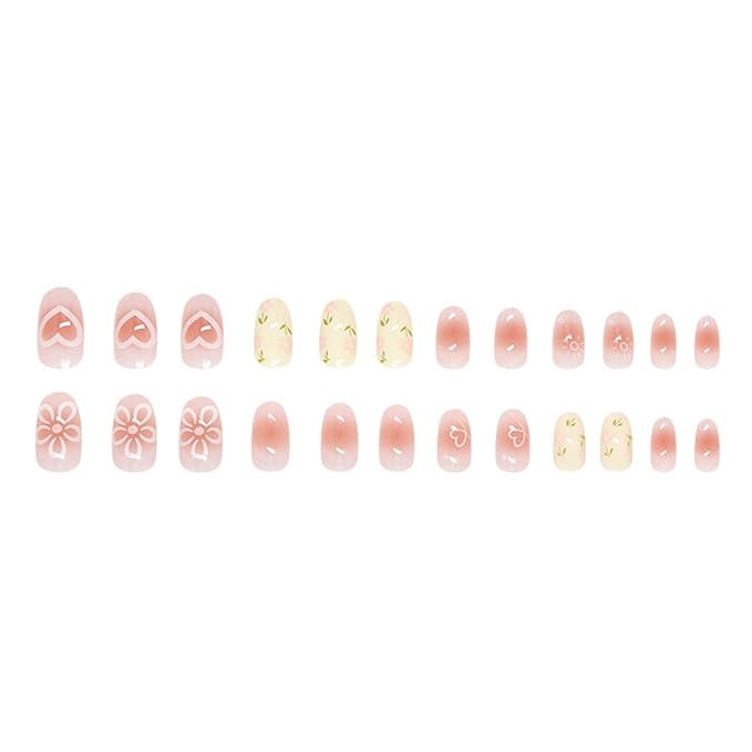 JONKASIPA Floral Press On Nails Square Pink Cute Patch Nails Reusable Adhesive Nails for Women 24 Pcs