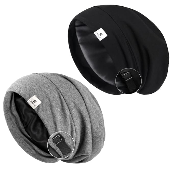 YANIBEST 2 Pcs Silk Satin Hair Cover Sleep Cap - Adjustable Slouchy Beanie Hat for Women