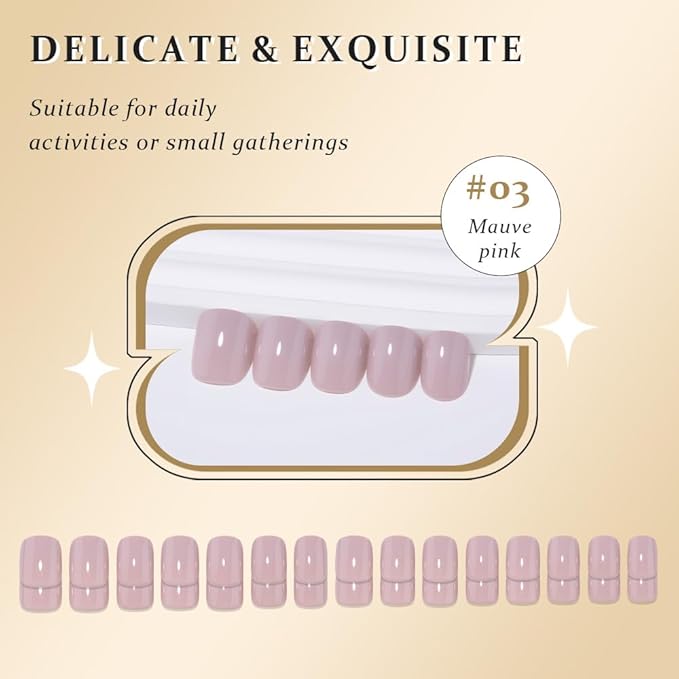 evpct Mauve Pink Glossy Press on Nails Short Square, Glossy Mauve Fake Nails Summer Reusable, Acrylic False Nail Stick on Press ons for Women Gifts, Perfectly Fit False Nail Kit with Kits 30Pcs
