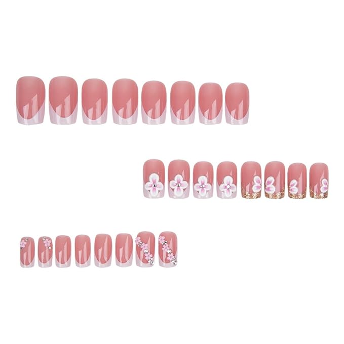 Medium Press on Nails Square - White French Tip Fake Nails with Flower Design - Floral Charms False Nails Press ons - for Women Manicure 24Pcs