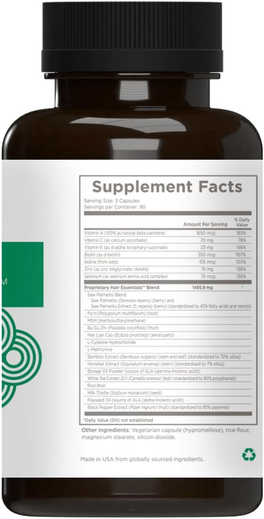Natural Wellbeing Hair Essentials – DHT Blocker Hair Growth Supplement for Women & Men – Saw Palmetto, Biotin, – Vegan Capsules – Stops Shedding & Thinning (270 Count, 3-Month Supply)
