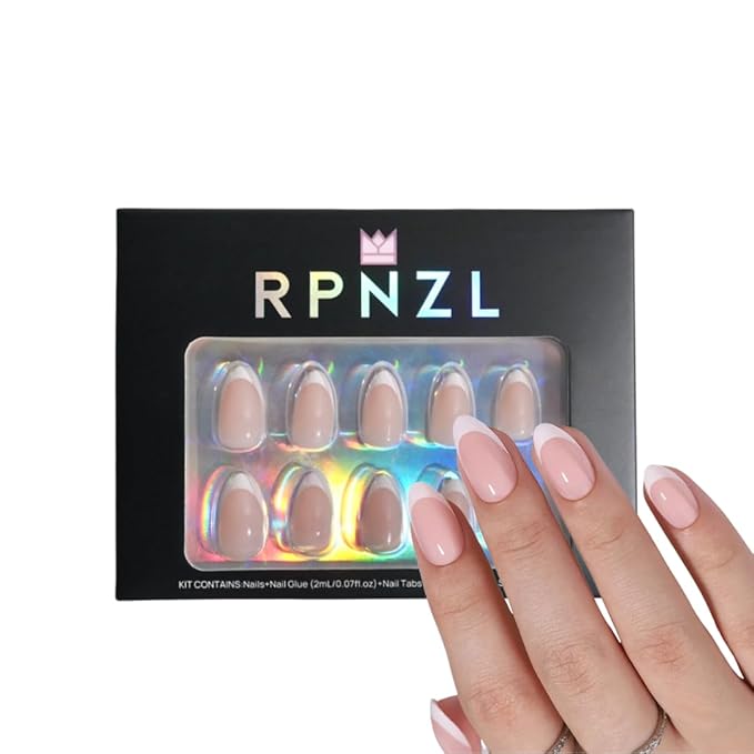 RPNZL Press On Nails - Paris | Classic French Manicure Tip, UV Finish Almond Nails, Reusable, Salon Quality | 32 Nails, 16 Sizes Kit with Glue and Adhesive Tabs