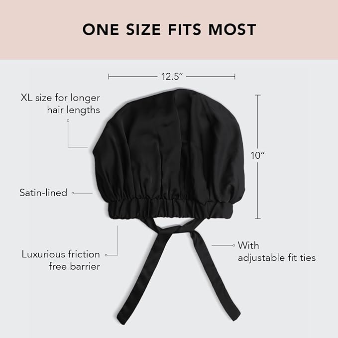 Kitsch XL Satin Bonnet for Sleeping - Softer Than Silk Hair Bonnet For Women - Secure Fit, Adjustable Night Cap For Curly & Textured Hair - Prevents Breakage, Tangles & Thinning - Black