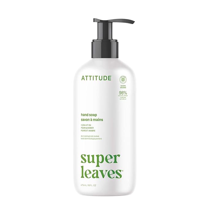 ATTITUDE Liquid Hand Soap, EWG Verified, Plant and Mineral-Based, Vegan Personal Care Products, Pear & Amber, 16 Fl Oz