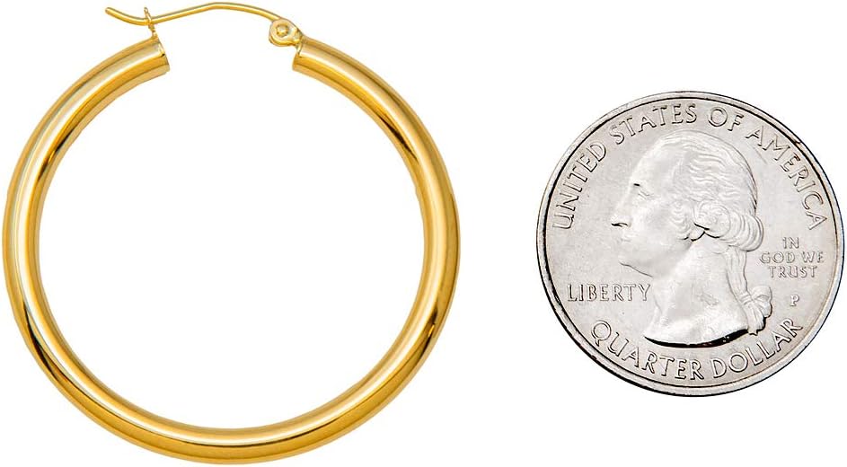 14K Yellow Gold Classic Real Hoop Earrings, (3mm Thick Tube)